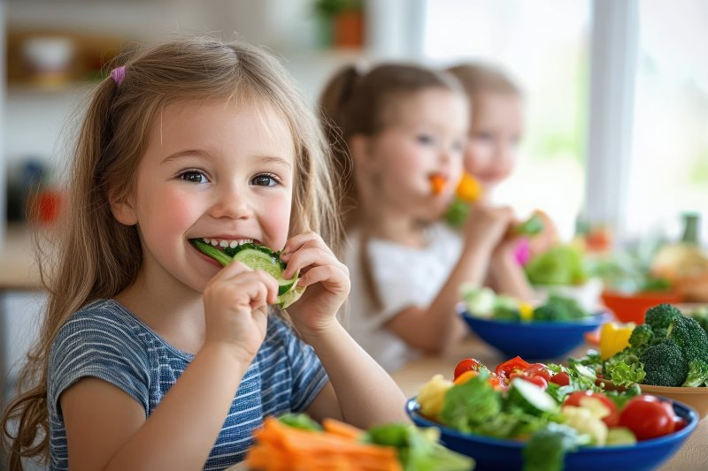 little girl eating vegetables and smiling