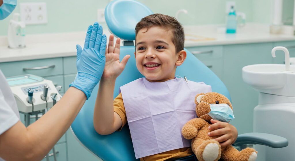 Dentist high-fiving little boy in dental chair holding teddy bear